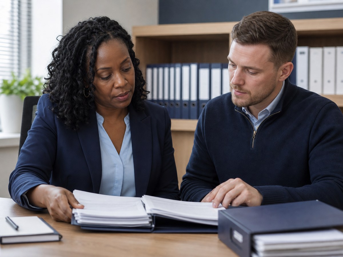 Compliance adviser and care service manager reviewing a policy folder