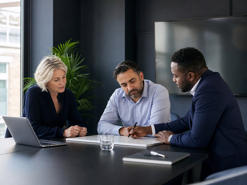 Business leaders working with a consultant during a planning session