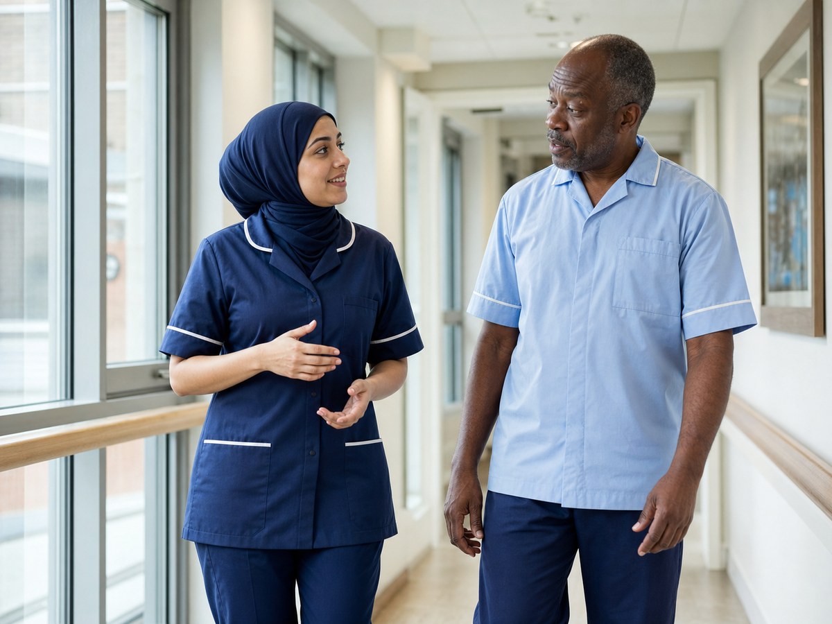 Two healthcare professionals discussing their work in a modern UK care setting