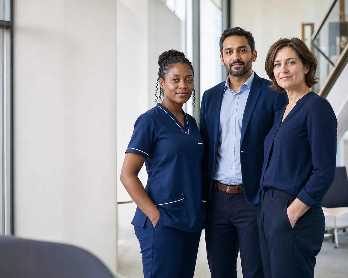 Healthcare and business professionals in a contemporary UK office