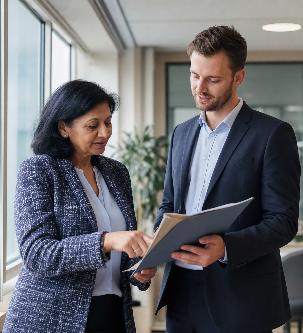 Two professionals reviewing a project folder together