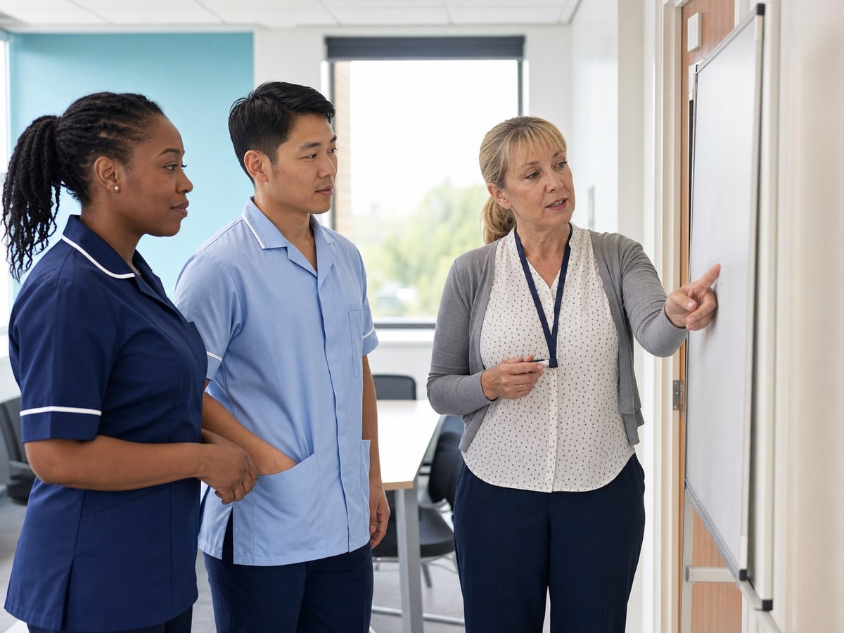 Healthcare professionals taking part in a shift briefing